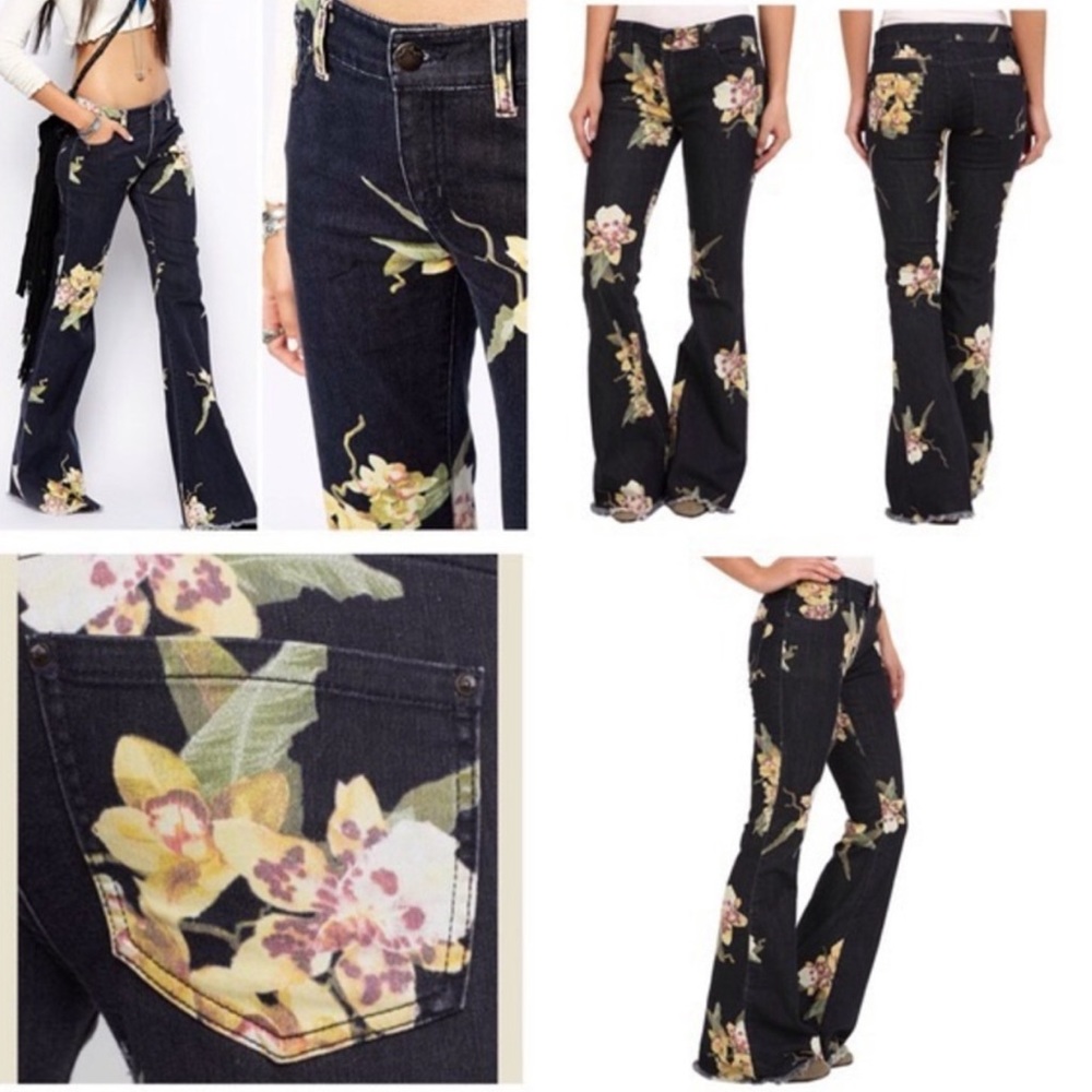 Free People Black Floral Embroidered Flare Jeans - Picture 2 of 10